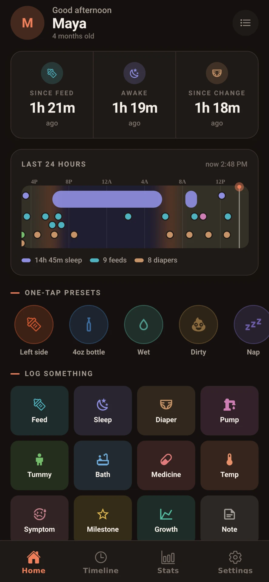 LittleLog home screen showing time since the last feed, wake and nappy change, a last-24-hours ribbon with sleep, feeds and diapers, one-tap presets and the log buttons.